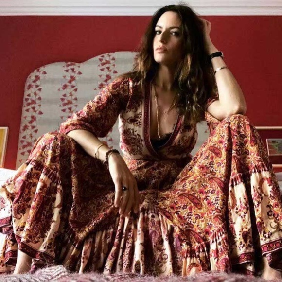 red boho floral print 3/4 sleeve wrap maxi dress - Picture 3 of 8